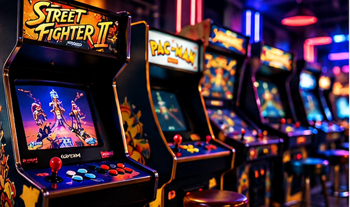 Illustrative row of upright arcade cabinets in a neon game room