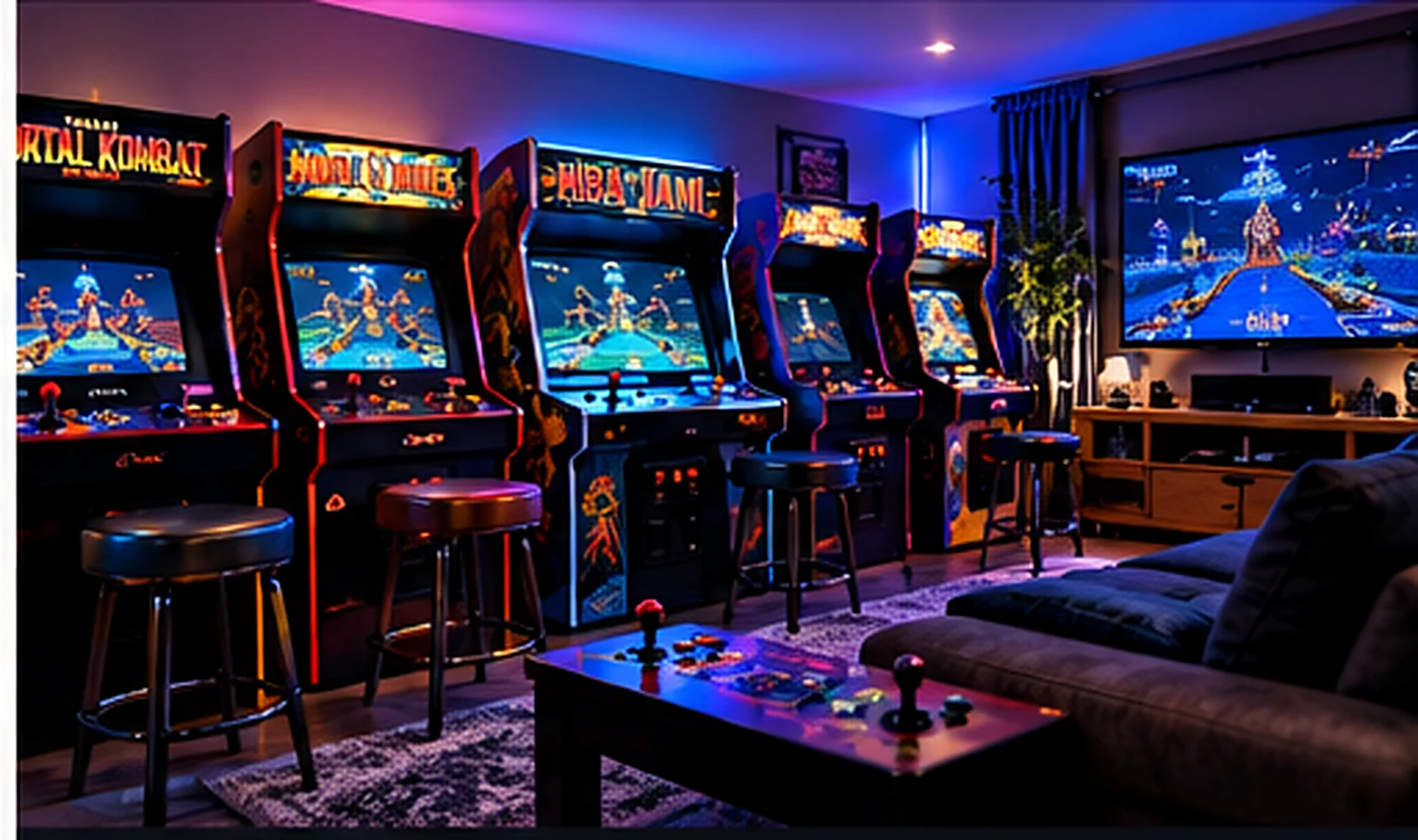 Illustrative home arcade with rows of machines under neon lighting