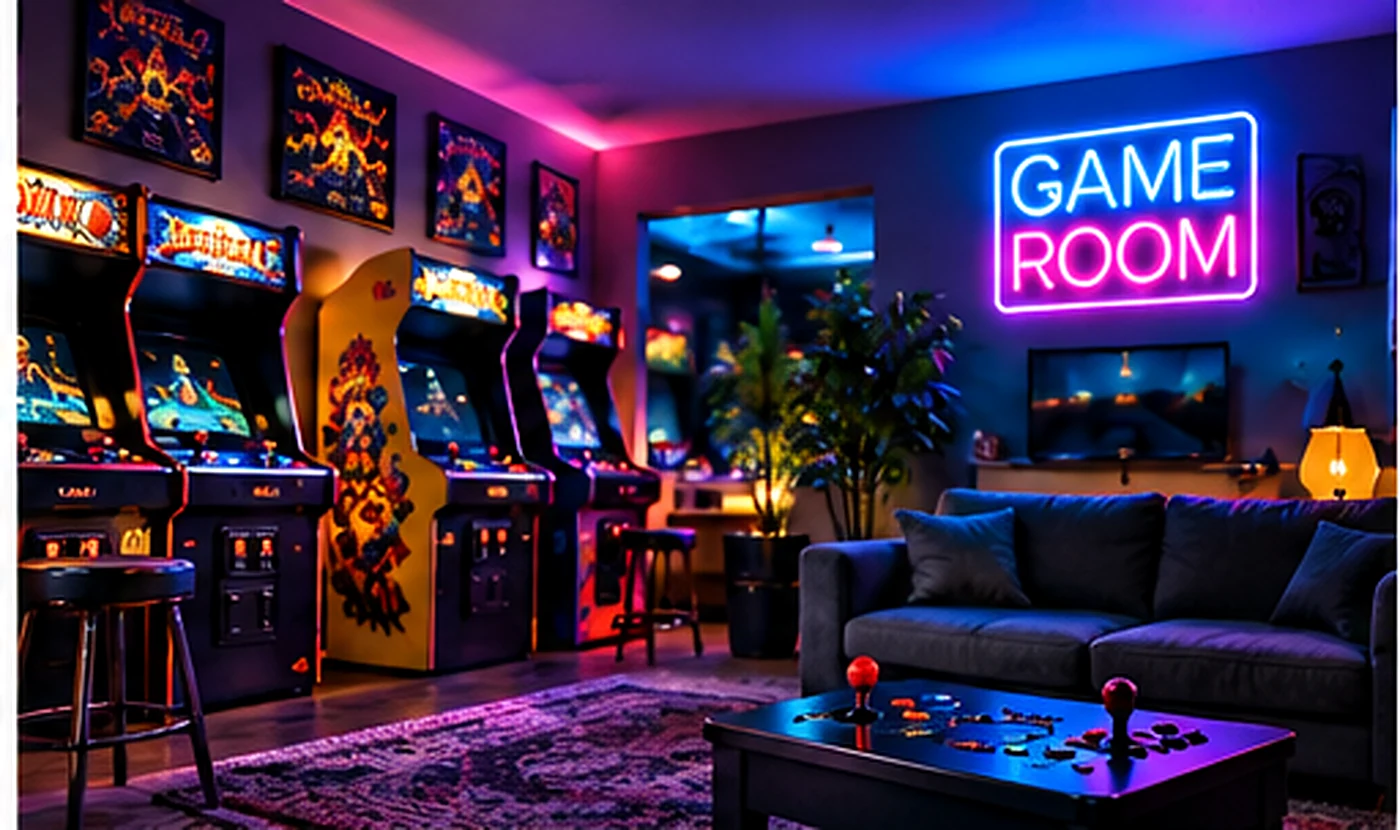 Illustrative home arcade room with multiple cabinets and lounge seating